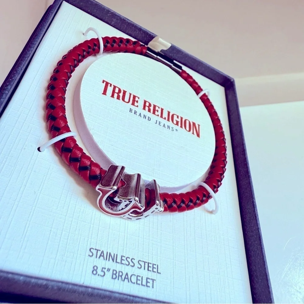 NIB True Religion Leather Red and Silver Stainless Steel Braided Bracelet